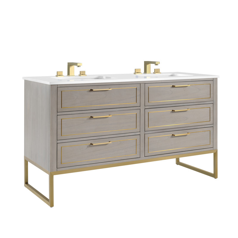 Markham 60'' W Double Vanity, Cashmere Gray, White Quartz, Satin Brass