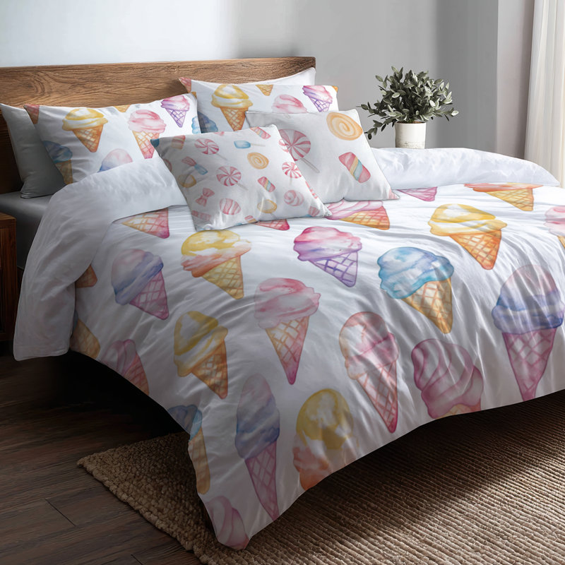 Ensemble de housse de couette Kids Desserts - ensemble de literie pour lit simple et coussins crème glacée, Très grand lit