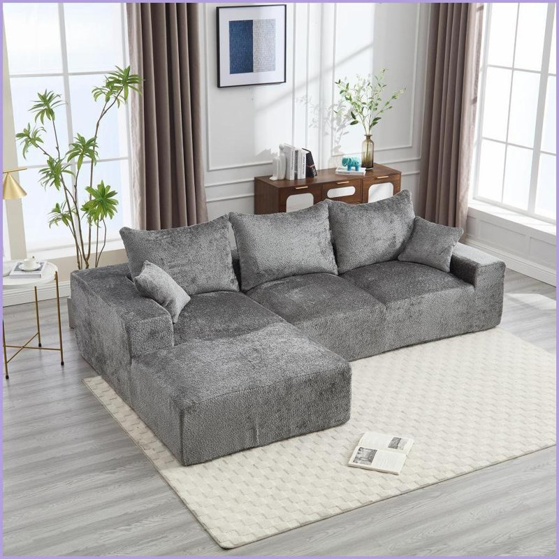 Canapé en L en chenille - Siège profond spacieux, sans assemblage, parfait pour le salon | Chenille | Dossier rembourré | Gris