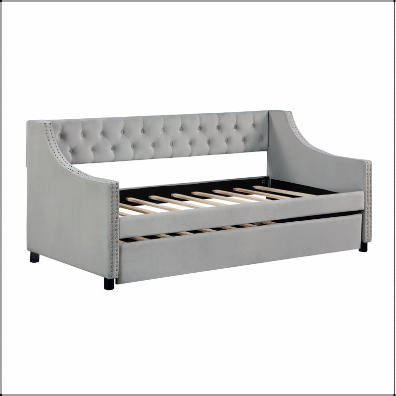 Upholstered Twin Daybed with Trundle – Tufted Button Back, Copper Nail Arm Trim – Sturdy Wood Frame, No Box Spring Needed (Mattress Not Included)