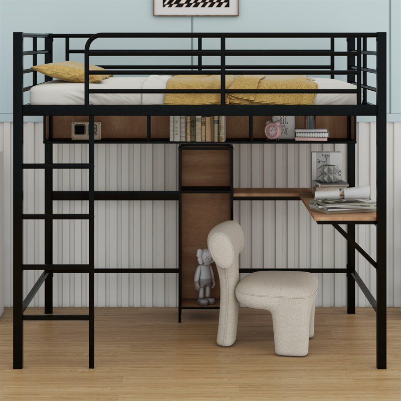 Lit mezzanine avec bureau en L et tablettes