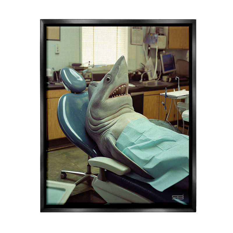 "Shark At Dentist" par RB sur toile, Cadre flottant noir de jais, H 31 po x l 25 po