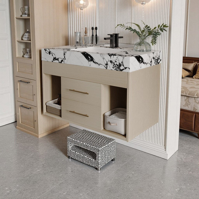 Meuble-lavabo flottant 29,9 po avec comptoir en pierre frittée, lavabo encastré en céramique, Brun, Blanc / Gris