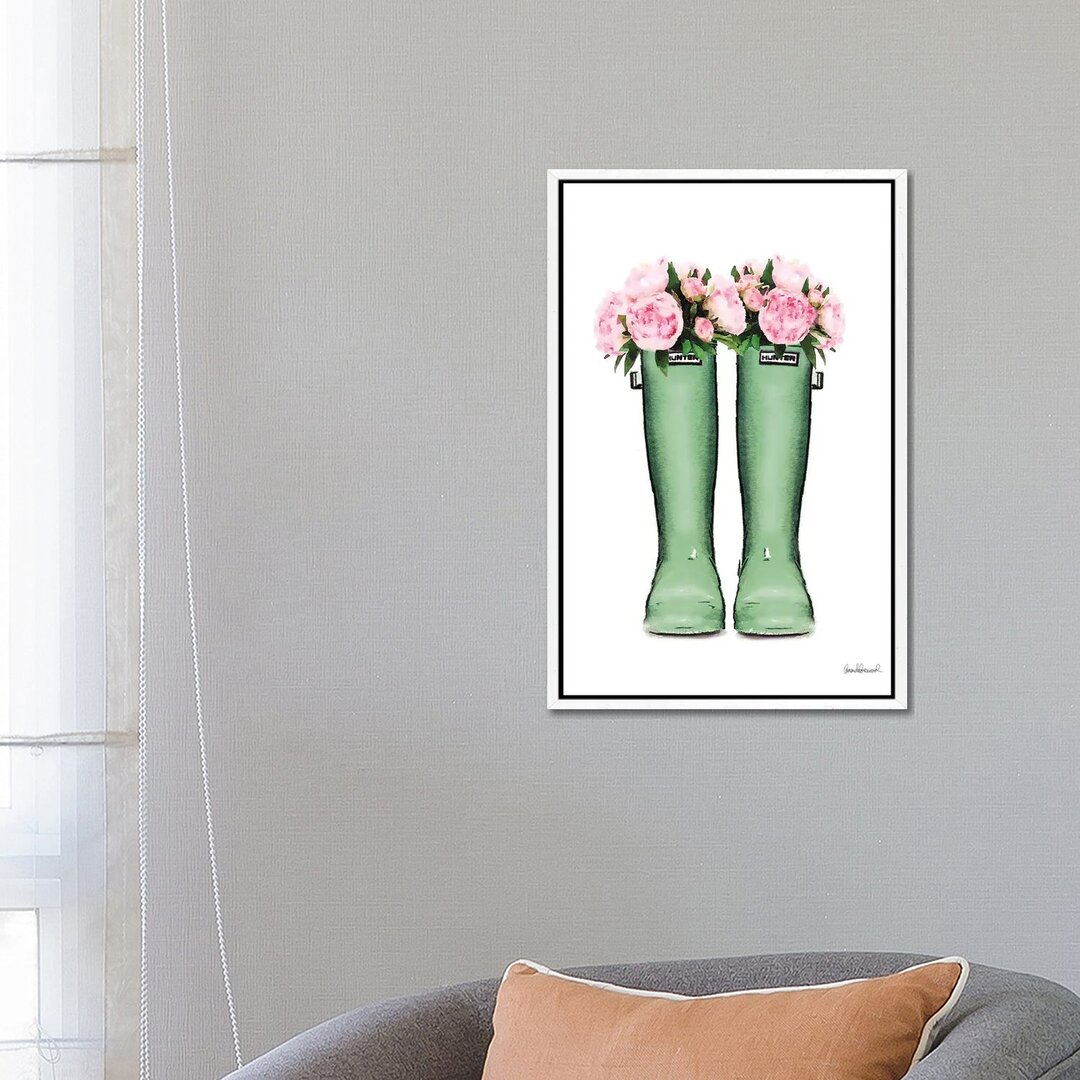 Leinwandbild Hunter Boots in Green & Pink Peonies von Amanda Greenwood