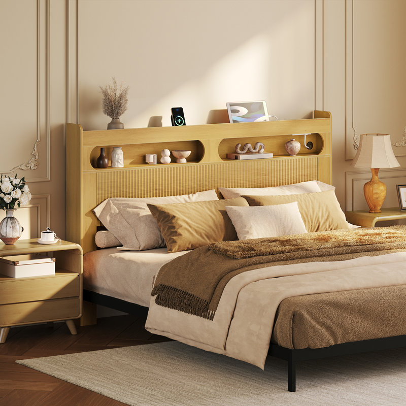 Queen Size Headboard with LED Light, Charging Station and  Dual Shelves 