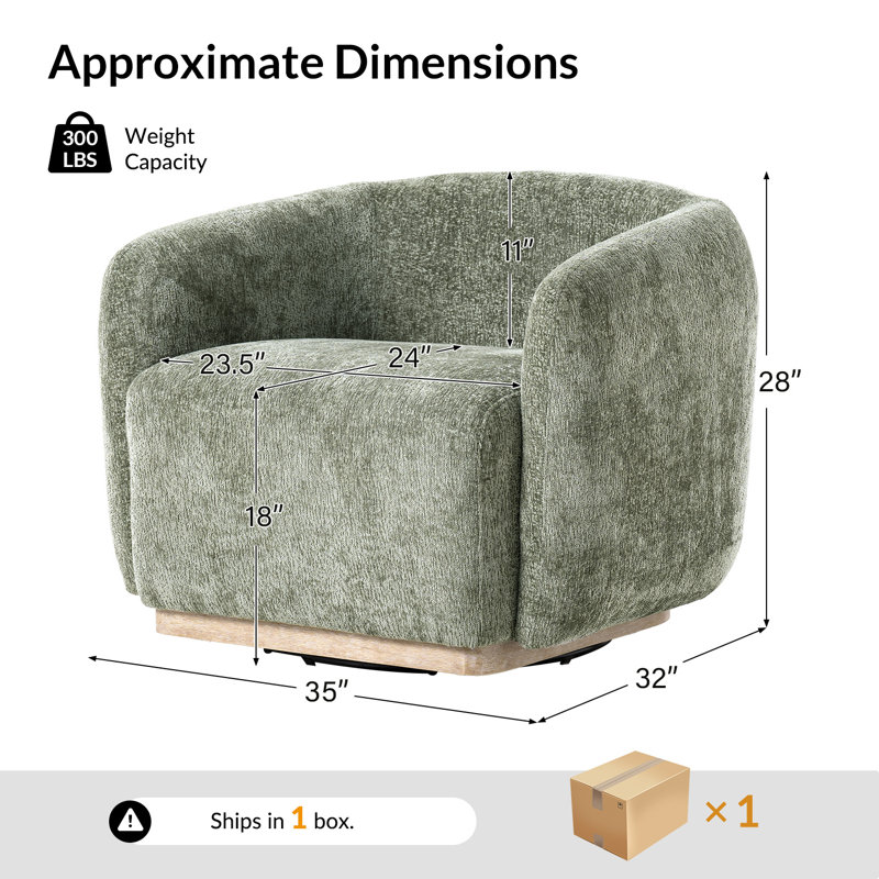 Berklie 35"W Modern Boucle Chenille Swivel Armchair With Solid Wood Base, Moss