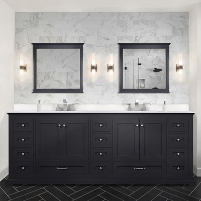 Espresso Double Bath Vanity 84 In. W X 22 In. D, White Quartz Top, Faucet Set, And 34 In. Mirrors