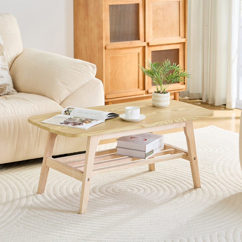 Table basse en bois massif - Table basse centrale en bois à 2 niveaux avec tablette de rangement pour salon, appartement et bureau