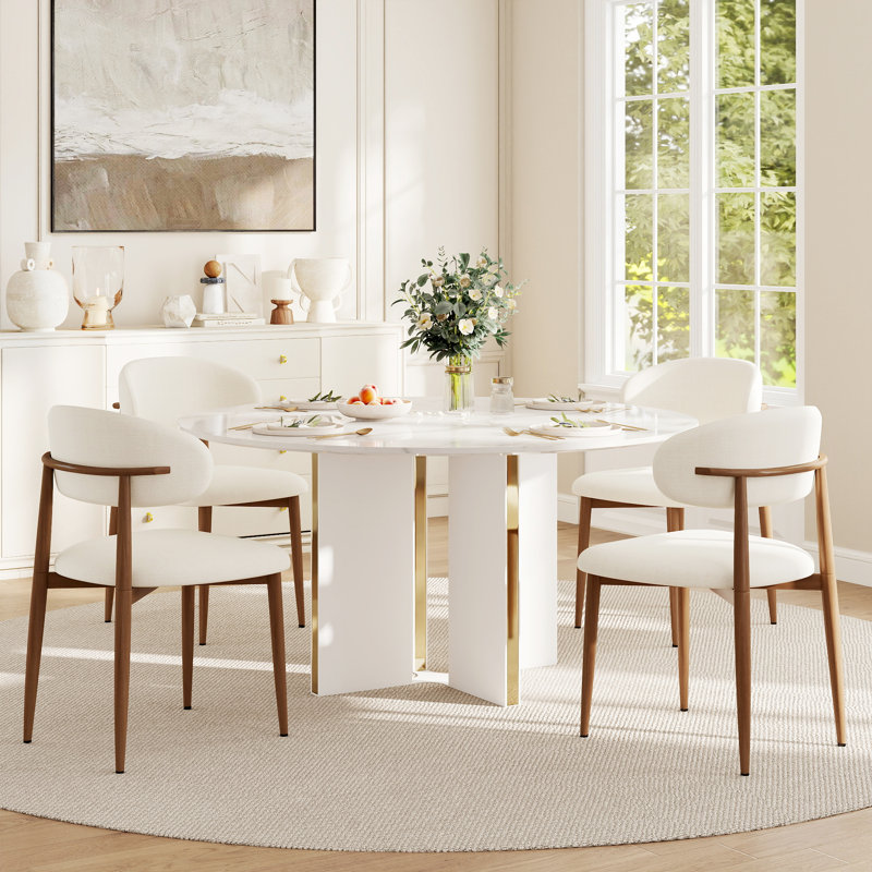 Ensemble de table de salle à manger Modern Modern, Blanc / Doré, Beige / noyer