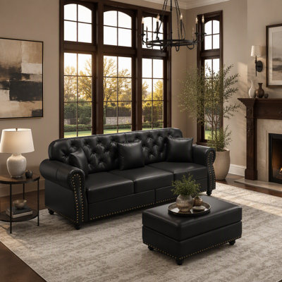 Canapé Chesterfield 82,6 po rembourré en similicuir avec garniture cloutée et accoudoirs roulés, canapé de style Mid-Century moderne capitonné avec boutons capitonnés, noir