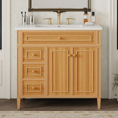 Meuble-lavabo de 36 po avec lavabo, meuble-lavabo en bois avec tiroir rabattable, 3 tiroirs, 2 portes à fermeture en douceur, bois massif et panneau de fibres à densité moyenne, poignées en bois d'hévéa élégantes