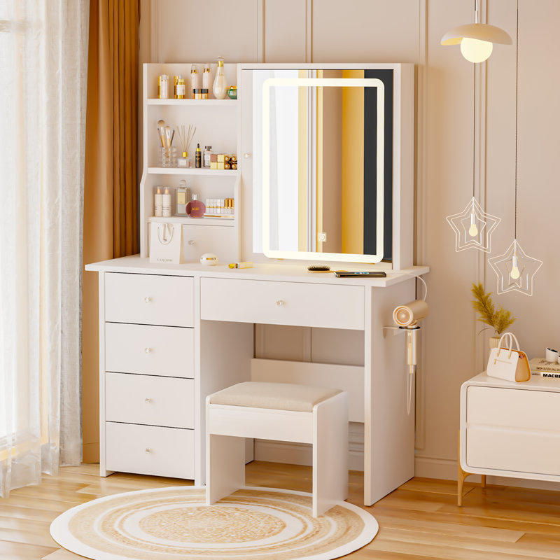 Aullville Vanity Desk with Sliding Mirror and LED Lights & Charging Station, White
