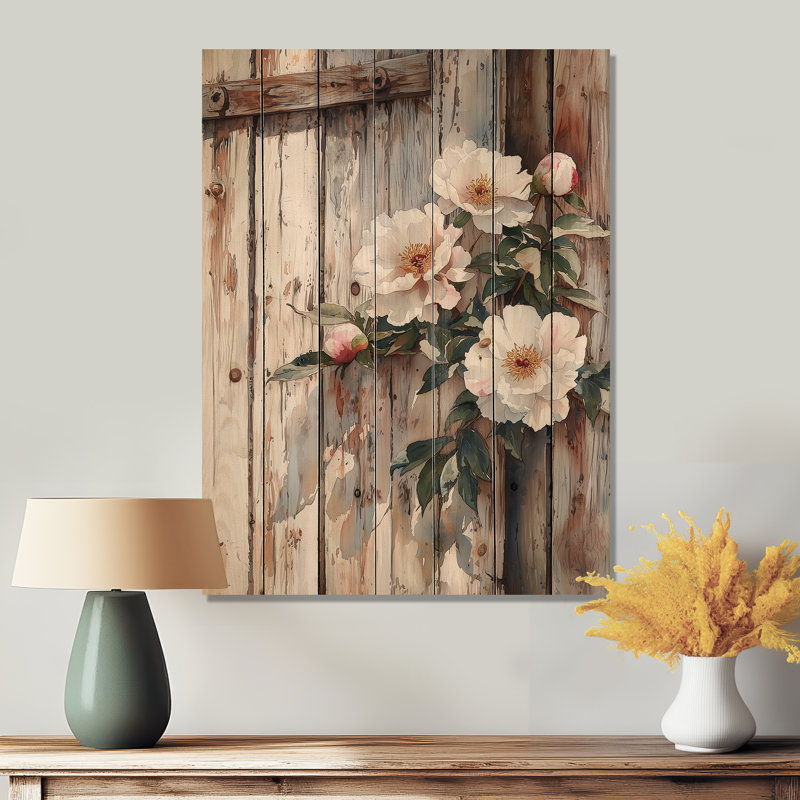 Peonies By The Barn Door II - Peonies Wood Wall Art - On Natural Pine Wood, 44" H x 34" W x 0.78" D