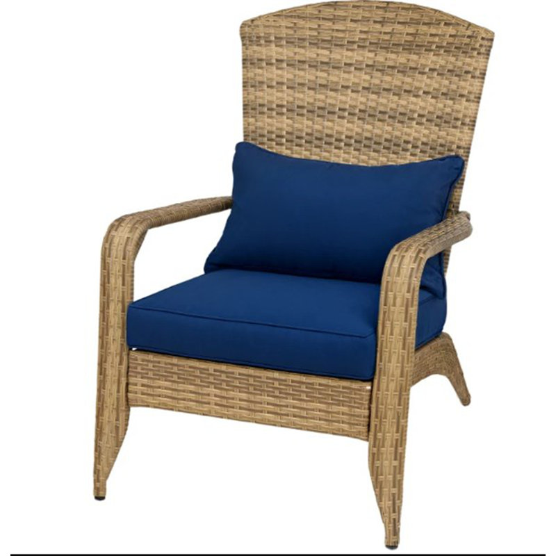 Soft Cushions Chair,Patio Chair with Rattan Wicker, Tall Curved Backrest for Indoor, Outdoor, Blue Cushion/Natural Frame