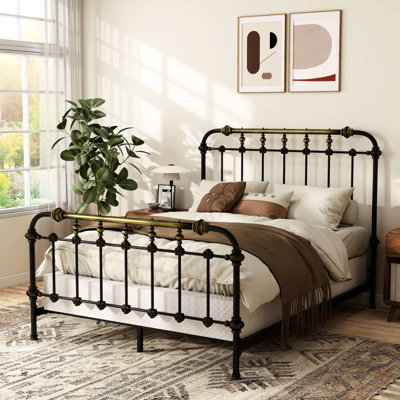 Grand lit transitionnel noir antique, construction entièrement en métal, accents dorés brossés à la main, 7 broches sur H / B, thermolaqué pour une utilisation dans la chambre à coucher,