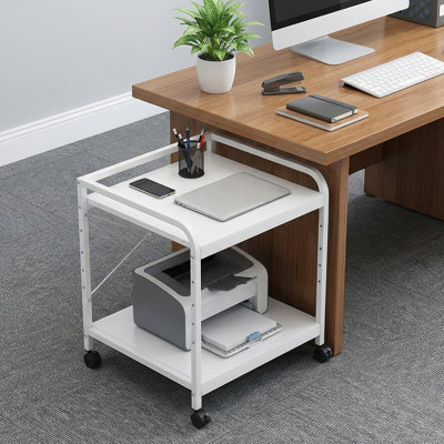 Support pour imprimante sous le bureau, grande table d'imprimante de 20 po de profondeur avec tablette de rangement réglable en hauteur, chariot à roulettes à 2 niveaux avec roulettes pour bureau personnel, blanc