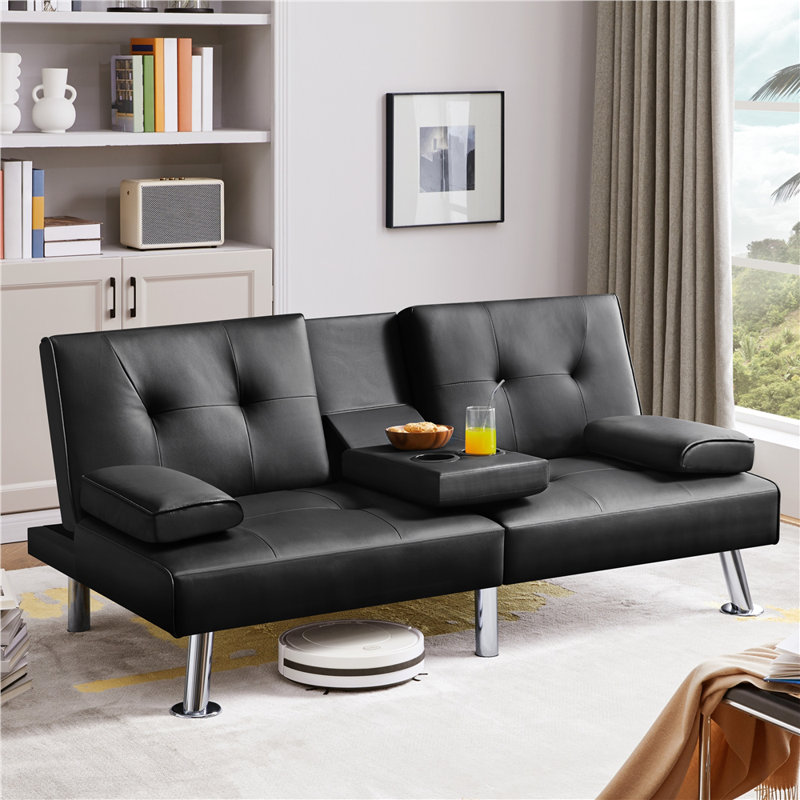 Janni Faux Leather Cushion Back Convertible Sofa with Cup Holder, 28"H x 63" W x 31.5" D, Black