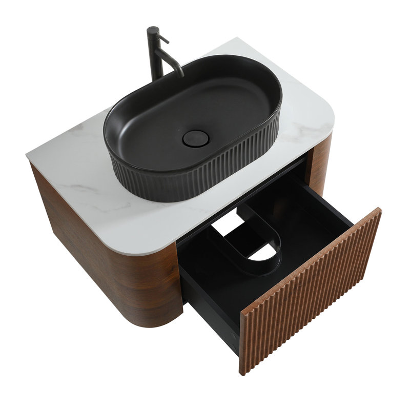 Meuble-lavabo flottant 30 po avec lavabo vasque et porte-serviettes pré-assemblés 30 po, Walnut, Noir