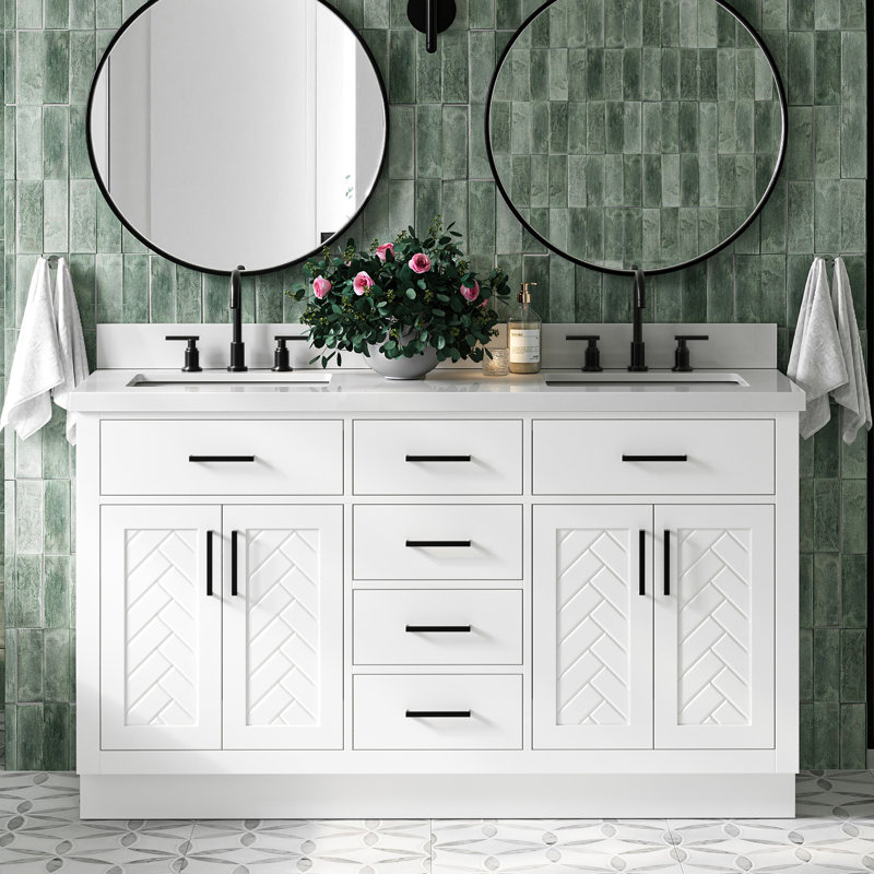 Chevron 61 Inch Double Rectangle Vanity Bathroom Vanity with Pure White Quartz Countertop 1.5 Inch in White, Rectangle, White