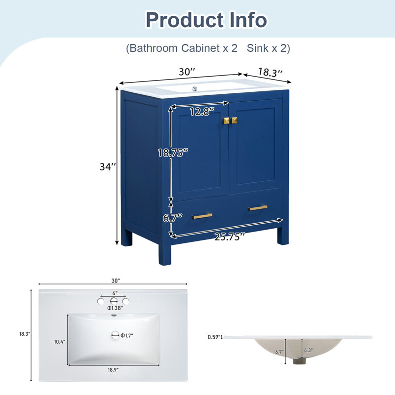 Ensemble de meuble-lavabo moderne 60 ", meuble-lavabo double séparé avec double lavabo en céramique (miroir non inclus), Bleu