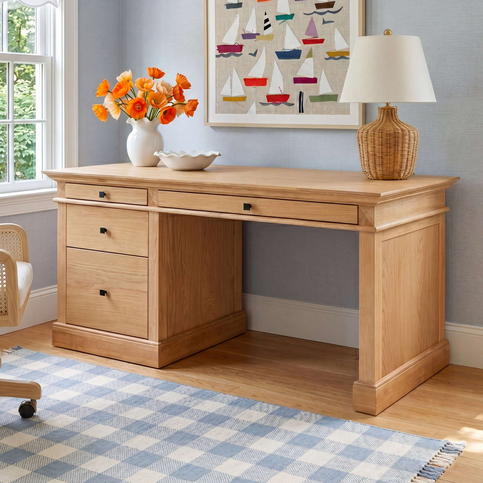 Shorecrest 58" Executive Desk, Natural / Brass