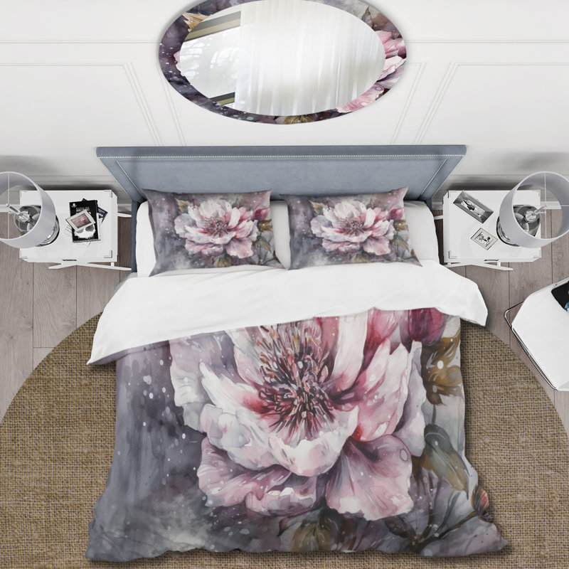 Ensemble de housse de couette pivoines roses et vertes sur branche I, Housse de couette pour grand lit et 2 taies décor