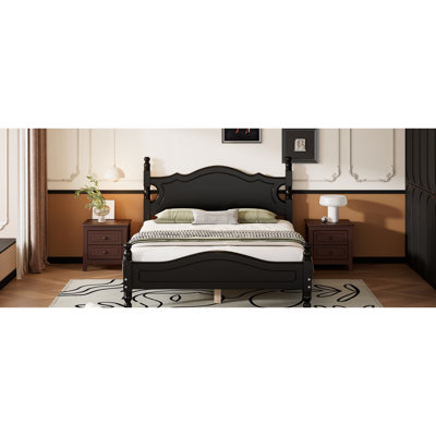 Full Size Retro Wood Platform Bed Frame With Strong Slat In Black Design And Solid Wooden Slats  Full