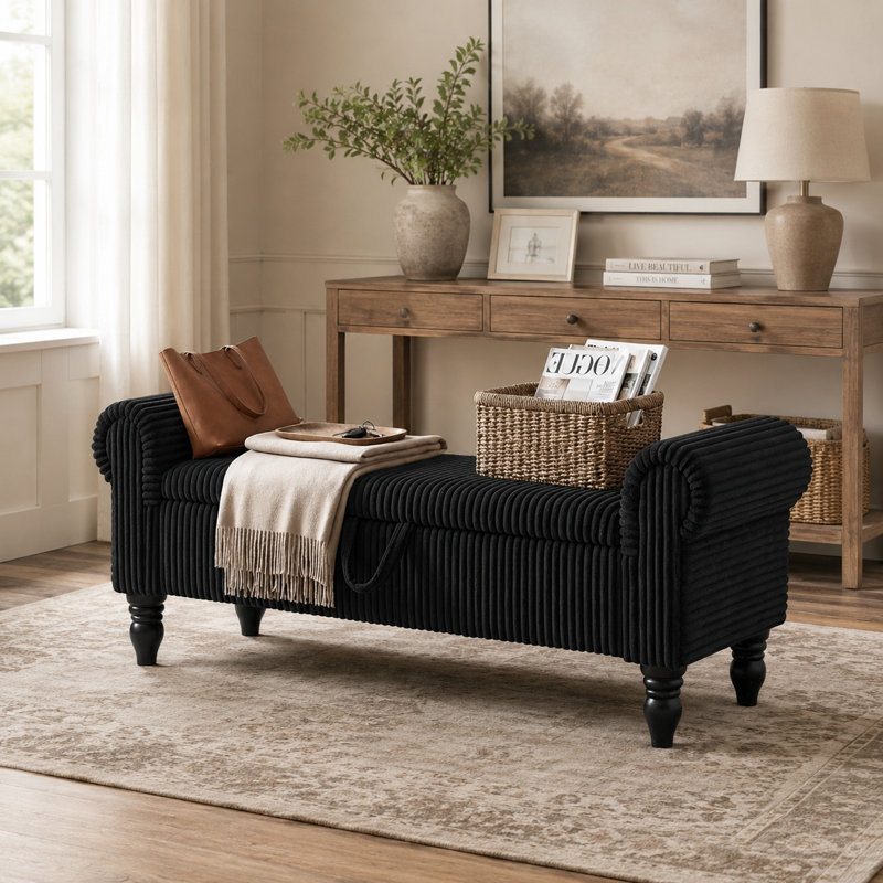 Banc de rangement rembourré à l'extrémité du lit, Noir
