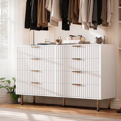 54" Wide 8 Drawer Dresser, Modern Fluted Design, Large Double Chest for Bedroom, Living Room Storage, TV Console Organizer by Mercer41