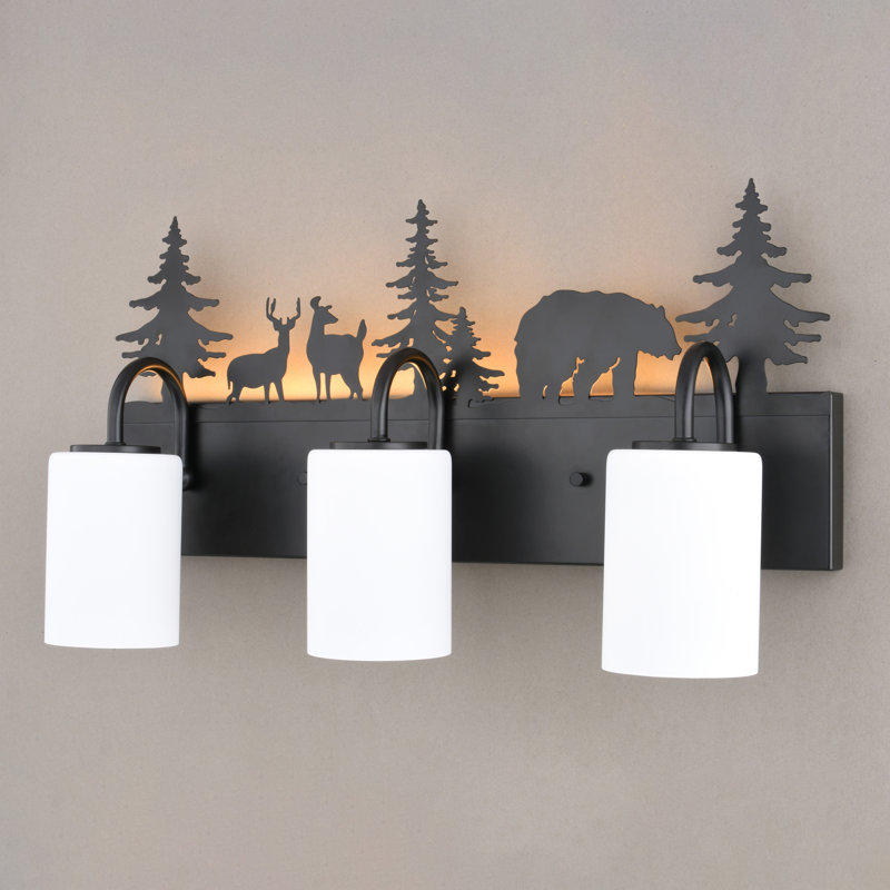 Acadia 3-Light 23 In. Wide Bronze Rustic Wildlife Bathroom Vanity Lighting Fixture With Nightlight, Frosted White Glass Shade, Dimmable, Over The Mirror Mounted Steel Wall Sconce