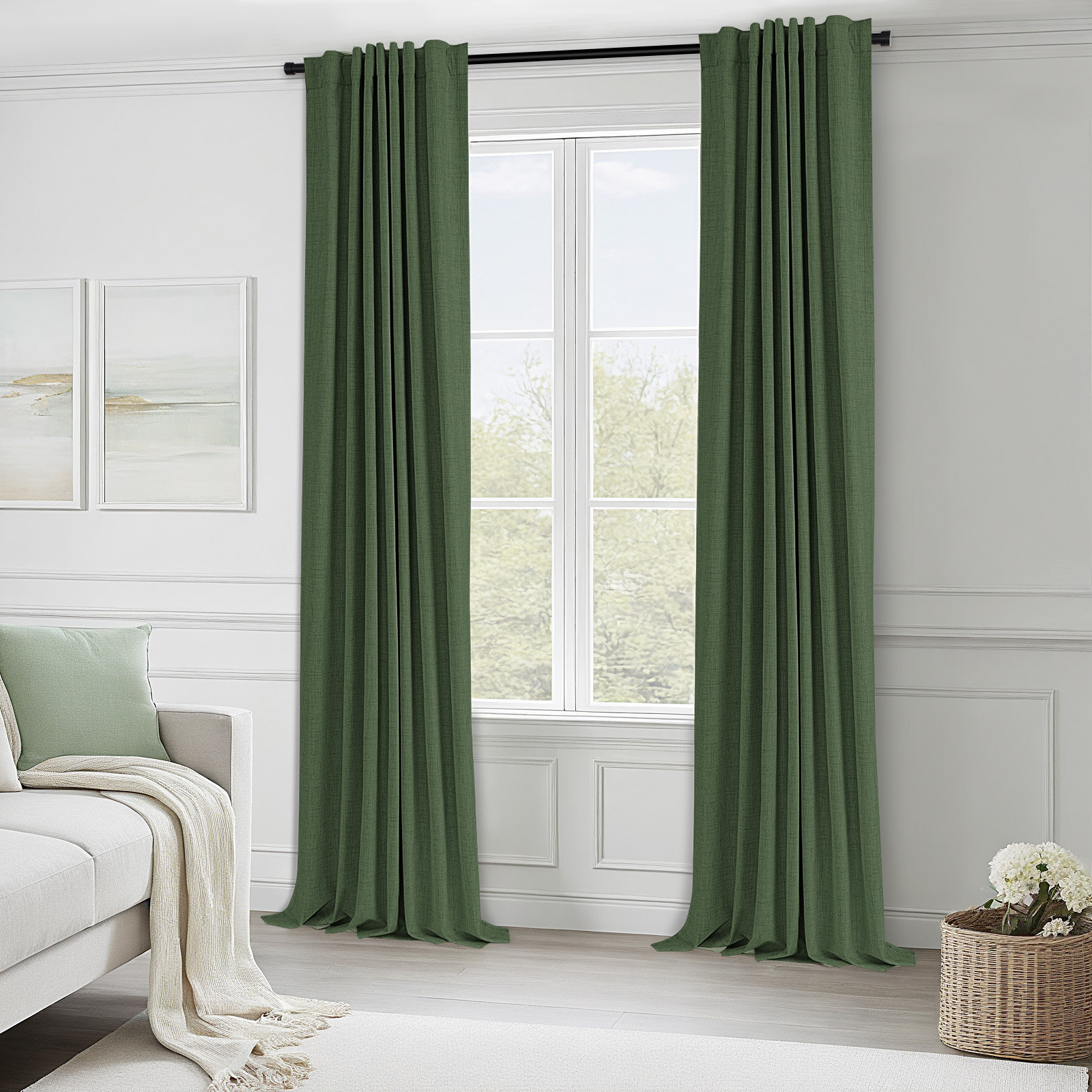 Graciella Faux Linen Blackout Curtain Set, 50" W x 96" L, Moss Green
