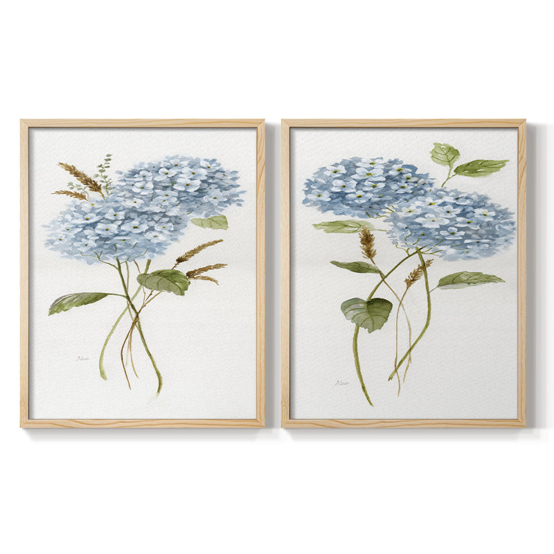 Petite hortensia bleue I - impression encadrée de qualité supérieure - prête à être accrochée - aucun clou requis - aucun clou requis
