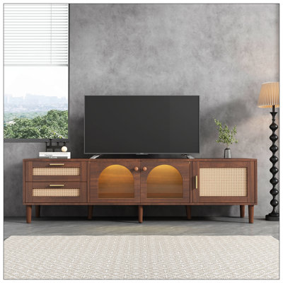 Meuble télé en rotin avec 3 armoires et 2 tiroirs, console multimédia inspirée du rotin pour téléviseur de 80 po ou moins, meuble télé à DEL, meuble télé pour salon, chambre à coucher, cinéma maison