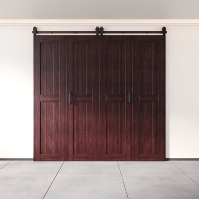 Homacer 80“ High Unassembled & Finished Red Mahogany Barn Door, Four 24" x 80" Doors with Bi-Fold Top Mount Hardware Kit