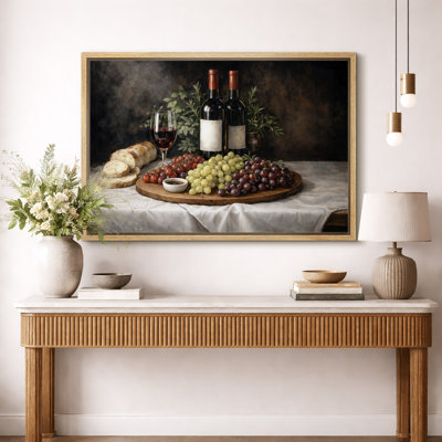 «Rustic Wine and Grapes Still Life», œuvre d'art classique, impression sur toile encadrée