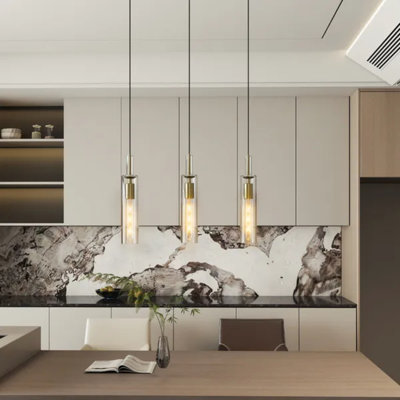 Gold Pendant Light Fixtures 3 Pack, Modern Striped Glass Pendant Lighting For Kitchen Island, Dining Room, Bedroom (bulbs Not Included)