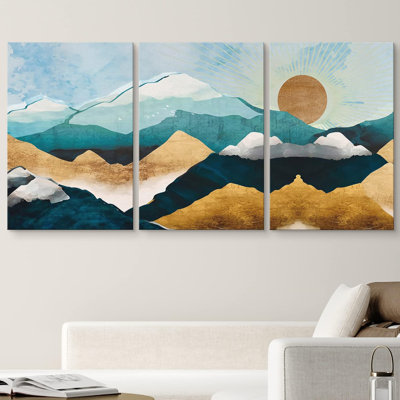 Bleu sarcelle or géométrique montagne pastel nature paysage moderne zen 3 pièces