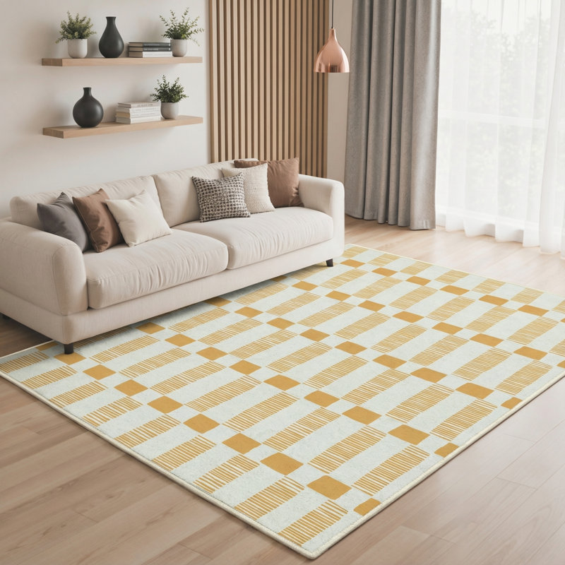 Abdellah Geometric Machine Washable Ivory/Orange Indoor Area Rug With Non-Slip Backing, Rectangle 5' x 7'