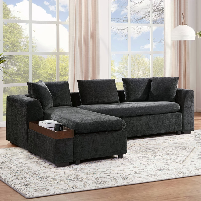 Canapé modulaire avec canapé en L de 93,7 po et compartiment de rangement en bois pour le salon, Noir