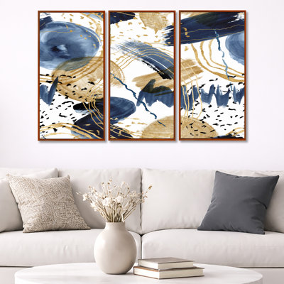 Abstract Pattern With Dark Blue & Golden - Modern Framed Canvas Wall Art Set Of 3