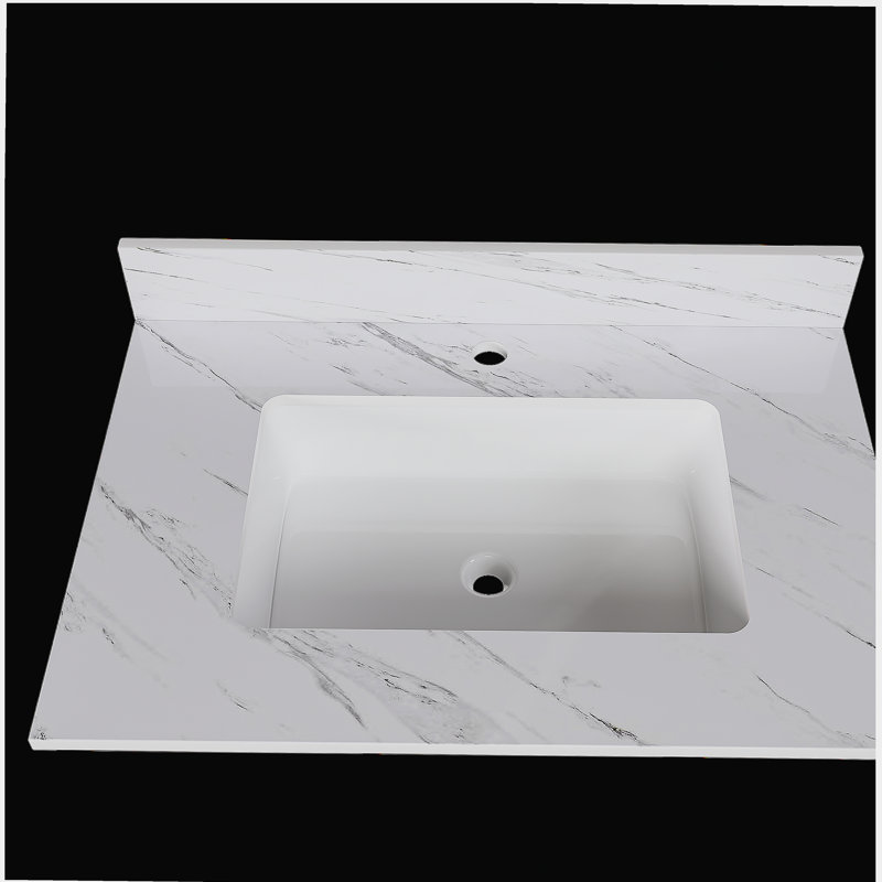 Comptoir en marbre de 31 pouces, comptoir blanc avec trou de robinet pré-percé, comptoir avec lavabo central pour salle de bain