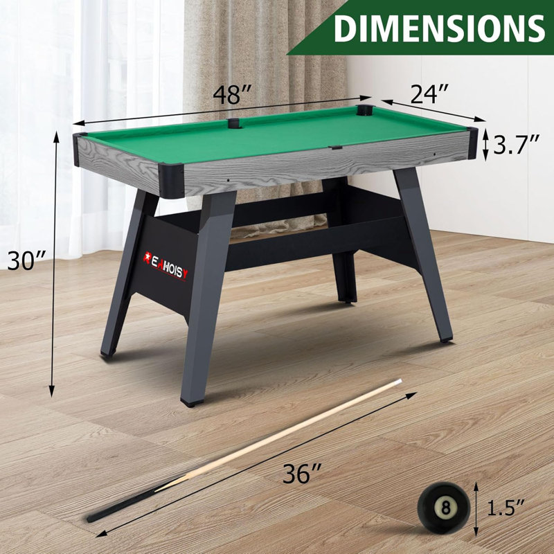 48" Portable Pool Table Billiard Table with 2 Cue Sticks, Balls, Triangle, Chalk, Brush, Grey, Green
