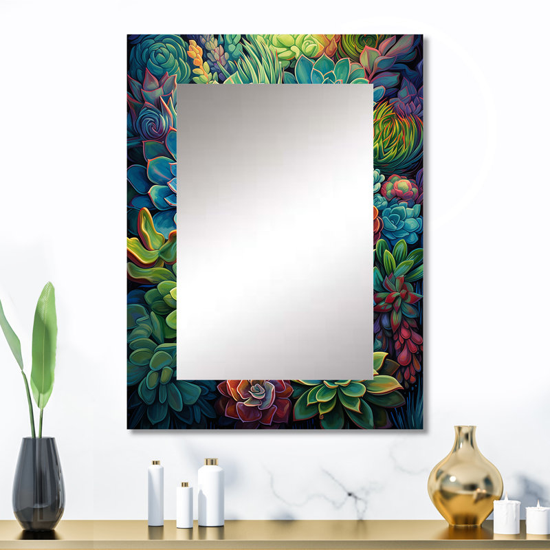 Green Blue Succulents Succulent Paradise I - Succulent Large Wall Mirror, Traditional Unique Mirror, Printed Metal Art