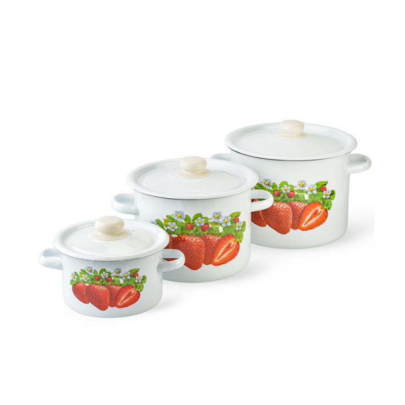 Pot en acier avec couvercle en fraise émaillée