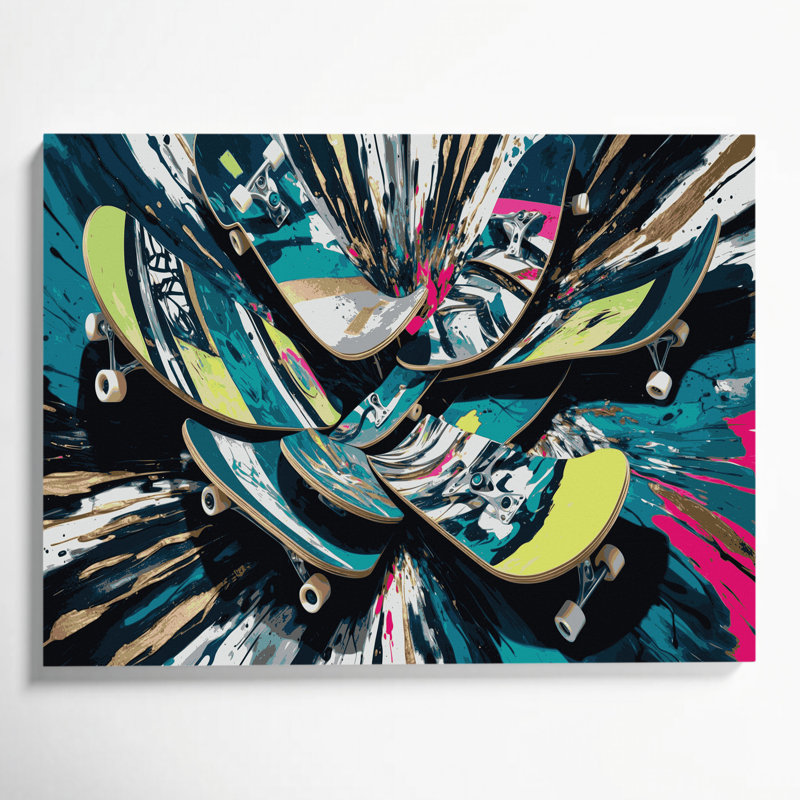 Art sur toile gris, transport, planche à roulettes et longboard, H 16 po x l 20 po