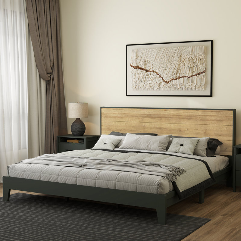 Allyannah Levison Platform Bed With Headboard, King, Kale Green/Reviera Eichi