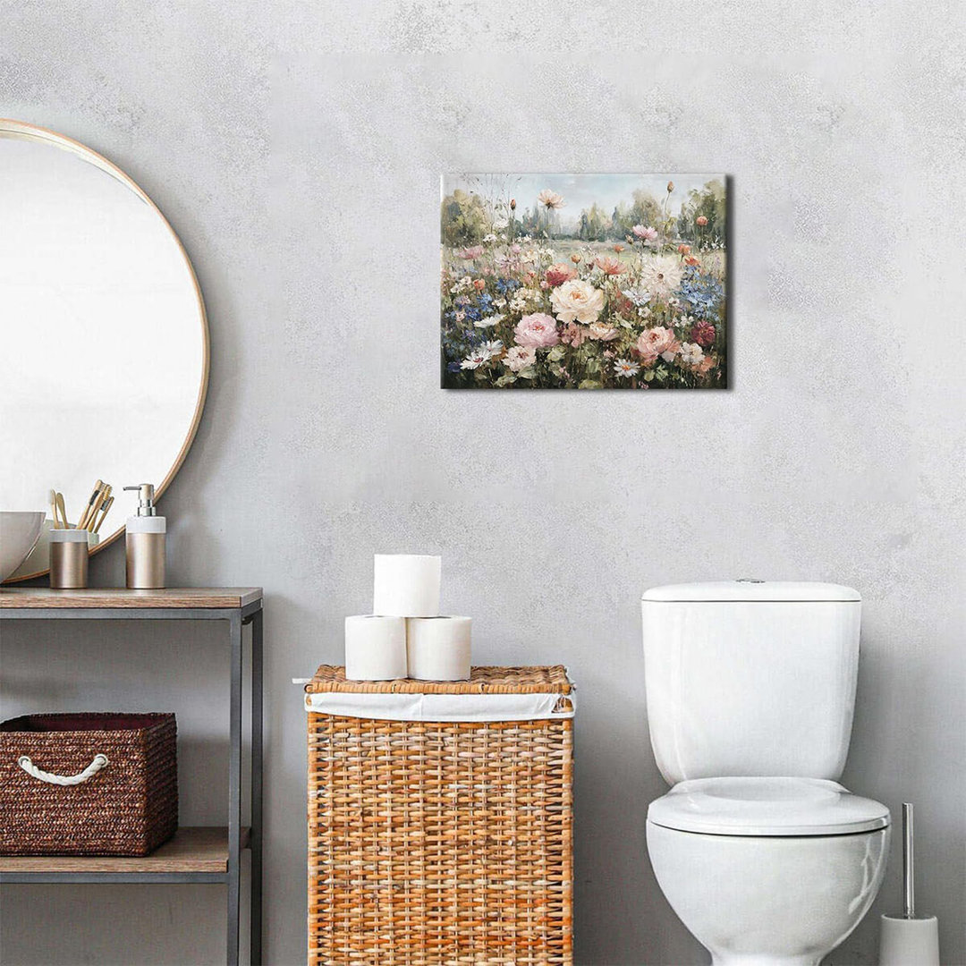Vintage Flower Wall Art Pink Roses Wall Decor For Bathroom Farmhouse Landscape Canvas Prints Rustic Colorful Flower Pictures Wall Decor Wildflower Art