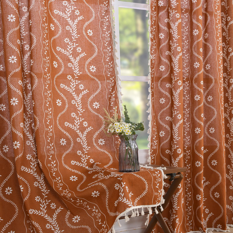 Boho Terracotta Curtains For Living Room 63 Inches Long Semi Sheer Linen Floral Curtains Vintage Farmhouse Window Curtains 2 Panel Sets