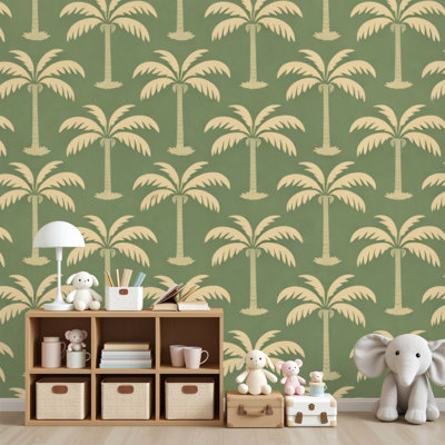 Peel and Stick Wallpaper Elegant Palm Leaf Soft Green Beige Tones Wall Murals 69"H x 96"W Removable PVC Wall Paper Self-Adhesive Wall Decor for Bedroom Living Room Home Office