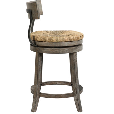 Tabouret de bar de 26 po de hauteur comptoir en bois gris récupéré, siège en ruppie naturelle, retour automatique à 180 degrés, supports en acier noir, repose-pieds, patins de plancher, pieds courbés pour la cuisine ou plus
